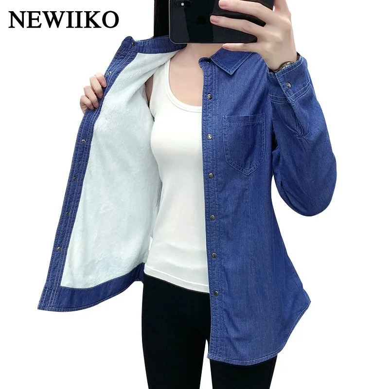 New Autumn winter women cotton flannel Warm thickening pocket long sleeve blouse Denim shirt casual flannel tops over size