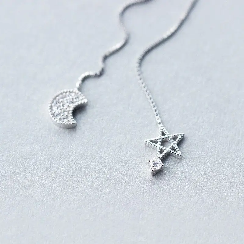 S92 цельные висячие серьги из стерлингового серебра SIL CZ Moon Star с длинной нитью A1496 |