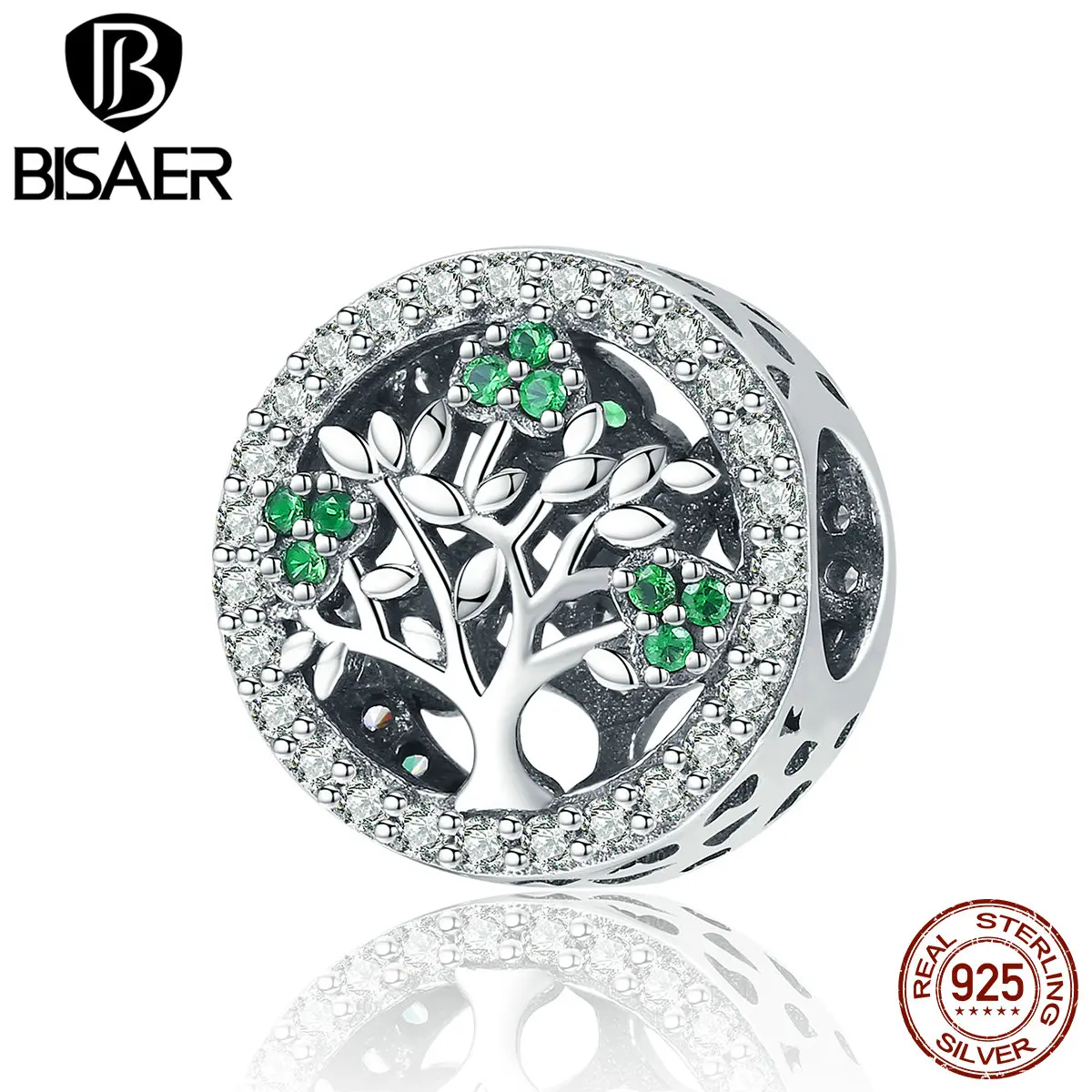 BISAER 925 пробы серебряная подвеска "Древо жизни" прозрачный зеленый CZ бисер Подходит для браслетов DIY Изготовление ювелирных изделий Серебро 925 ювелирные изделия ECC919