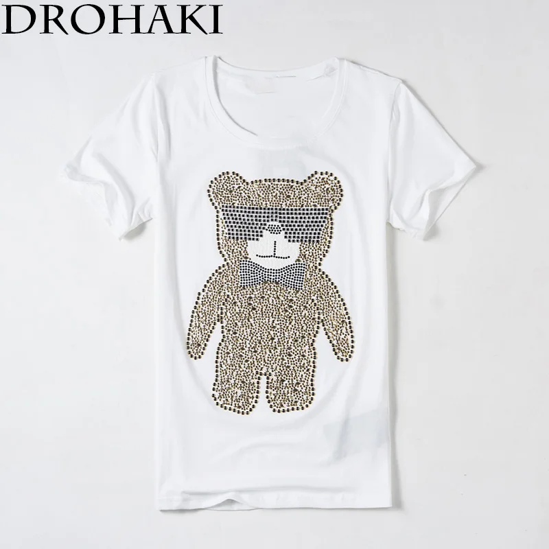 Drohaki Лето 2017 г. Новая мода Harajuku Для женщин футболка со стразами с изображением