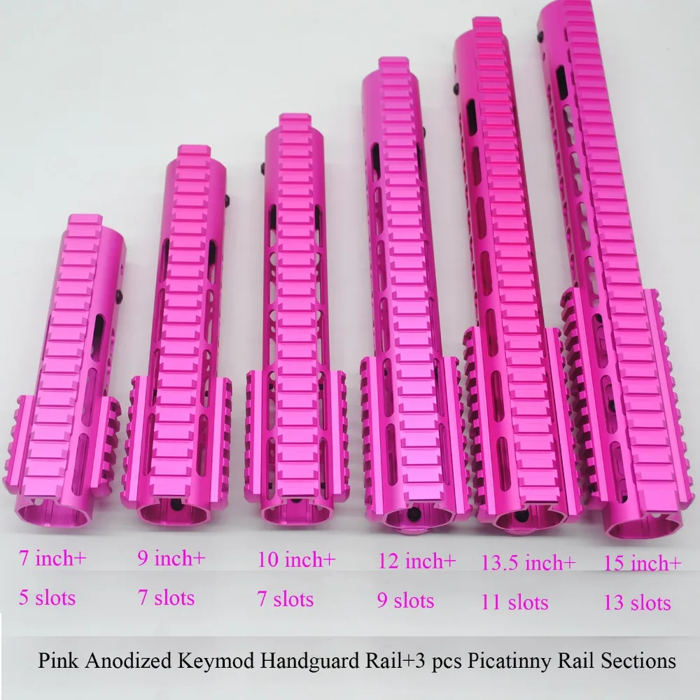 

TriRock 7/9/10/12/13.5/15'' inch Keymod Handguard Rail with 3 x Picatinny / Weaver Rail Sections_Pink Anodized+Steel Barrel Nut