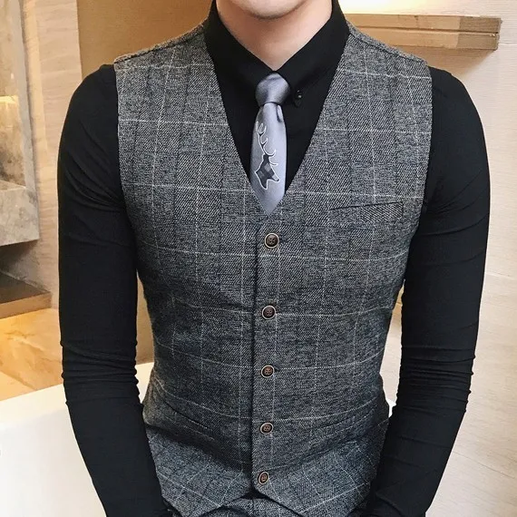 Only vest gray Мужской Клетчатый костюм высокого качества, мужские облегающие клетчатые костюмы, мужские Vintge Terno Masculino Traje Hombre официальные смокинги для выпускного - Цвет: Only vest gray