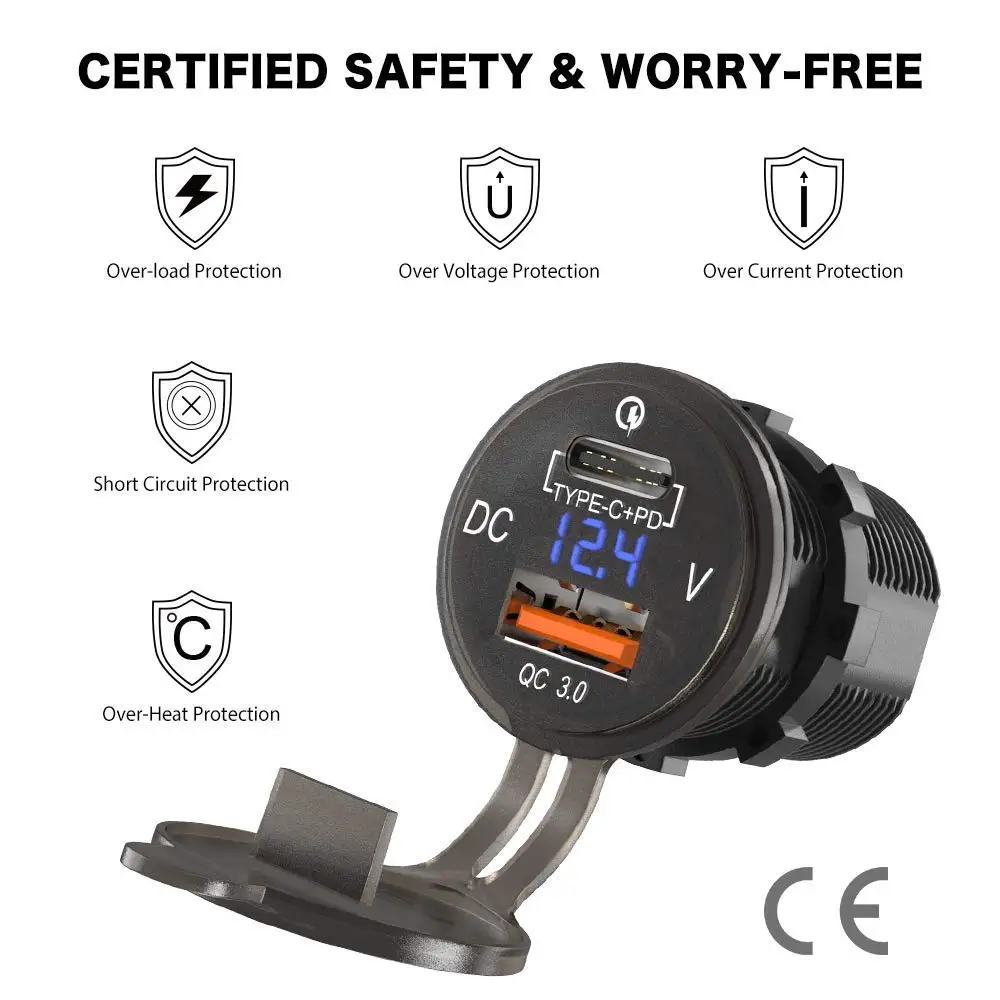 12 В Тип C USB зарядное устройство гнездо PD 18 Вт и QC 3 0 В/24 автомобильная