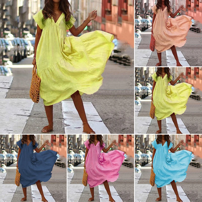 Летние платья для женщин женские свободные повседневные с v образным вырезом и
