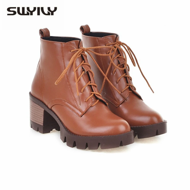SWYIVY Bootee/ г. Осенне-зимняя женская обувь на блочном каблуке женские ботильоны обувь черного и белого цвета ботинки на шнуровке обувь на платформе, большой размер 34-43 - Цвет: Коричневый