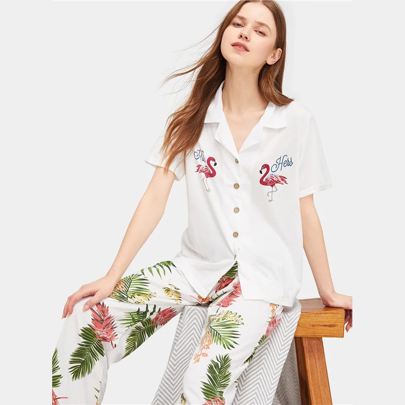 Dotfashion, пижама с тропическим принтом фламинго,, пижама для женщин, весна-лето, повседневная женская одежда с коротким рукавом на пуговицах