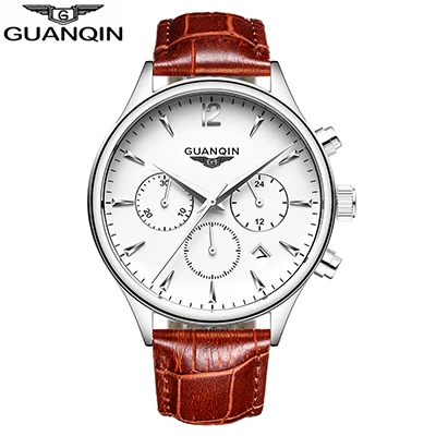 brown white white Guanqin мужские часы Топ бренд класса люкс GUANQIN Мужские Бизнес наручные часы хронограф кожа кварцевые часы Relogio Masculino A - Цвет: brown white white