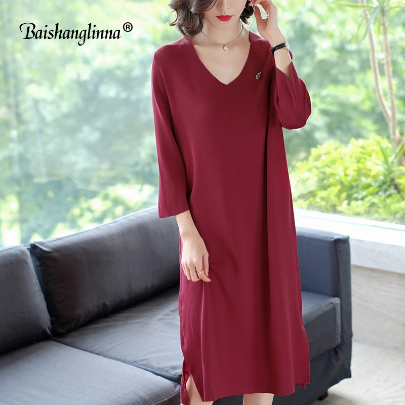 Baishanglinna 2018 Casual Spring and Summer Dress Elegant Women Long Sweater Loose Full Sleeve V Neck Oversized | Женская одежда