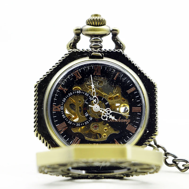 Irregular Hexagon Design Skull Mechanical Pocket Watch Retro Steampunk Gentleman Style Men's Necklace Pendant Clock