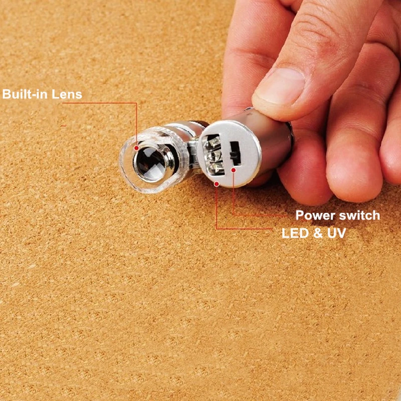 Мини светодиодный УФ Карманный микроскоп Ювелирные изделия лупы Лупа Стекло 60x M10