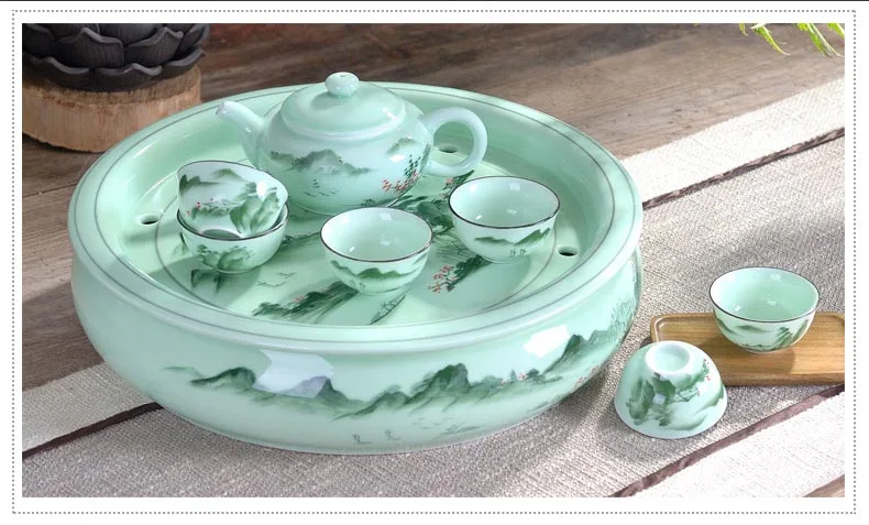 8 шт./лот Китайский Longquan Celadon чайный набор кунг-фу ручная роспись пейзаж узор чайная посуда для напитков керамика чай аксессуары Подарки