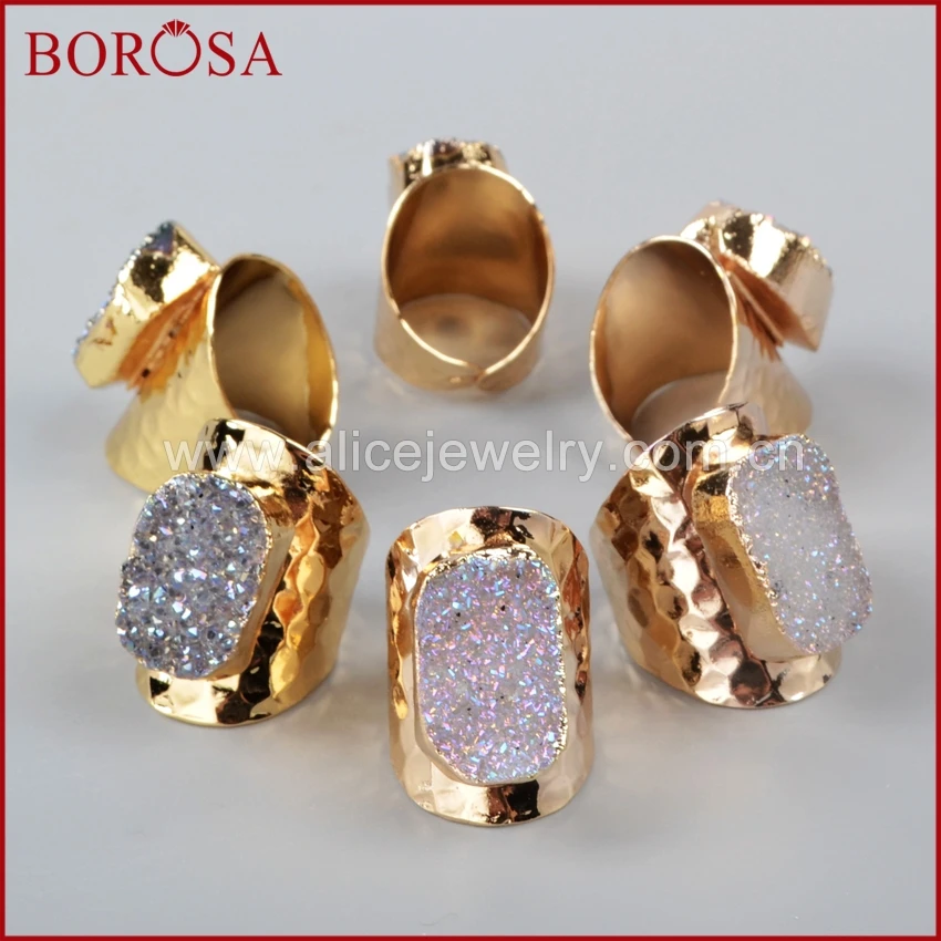

BOROSA 5 шт. модное и популярное Золотое кольцо с натуральным кристаллом титана AB Друза обручальное кольцо для женщин ювелирные изделия G0904