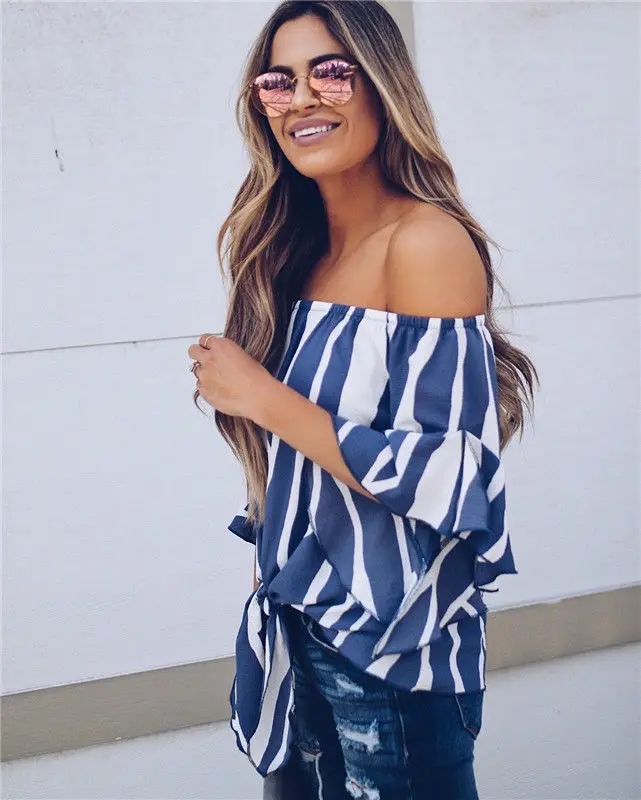 

Fashion Women Lady Off Shoulder Striped Summer T-shirt Loose Baggy Tops Blouse