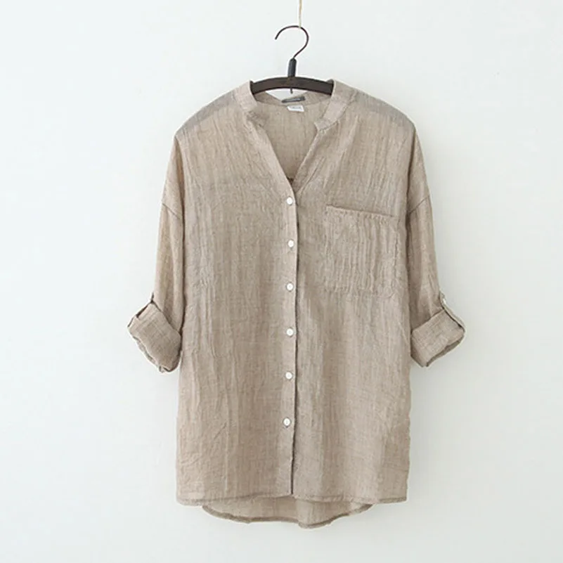 

Summer Women Loose Cotton Linen Shirt Comfortable Roll Up Three Quarter Sleeve Stand Loose Blouse Female Casual Tops Pockets