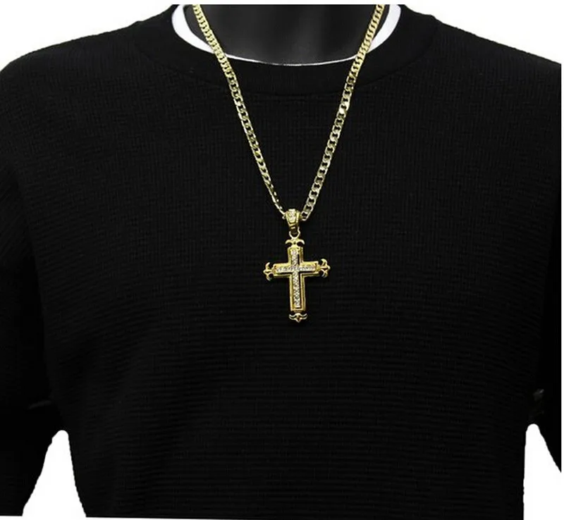 Хип хоп золотистый сплав крест кулон ожерелье религиозный Iced Out горный хрусталь