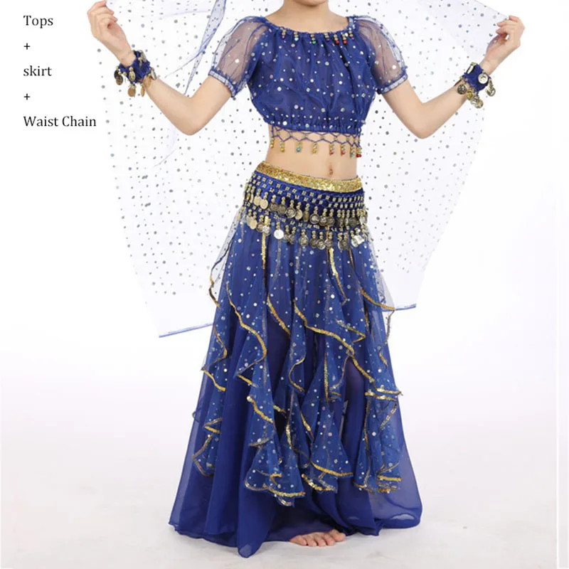 Royal Blue 3 pcs Классические костюмы для танца живота для девочек; цвет красный, желтый, синий, фиолетовый; Топы+ юбка; оригинальные красивые детские сценические костюмы; Q4012 - Цвет: Royal Blue 3 pcs