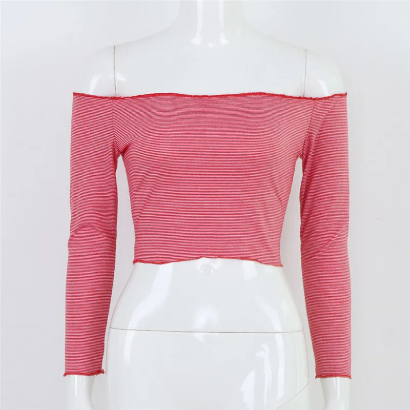 Элегантная полосатая укороченная Женская Осенняя футболка с длинными рукавами и