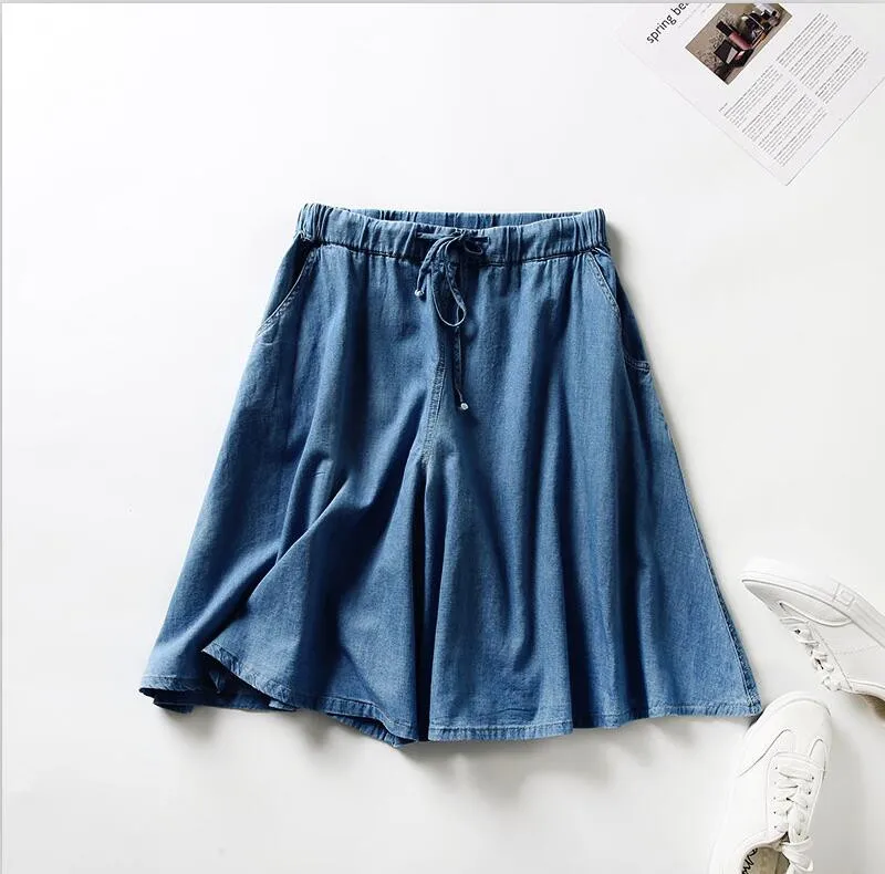blue Женские летние джинсовые шорты, юбка, повседневные, свободные, одноцветные, на завязках, универсальные шорты, юбки, Vestido размера плюс, шорты, юбки, M-7XL - Цвет: blue