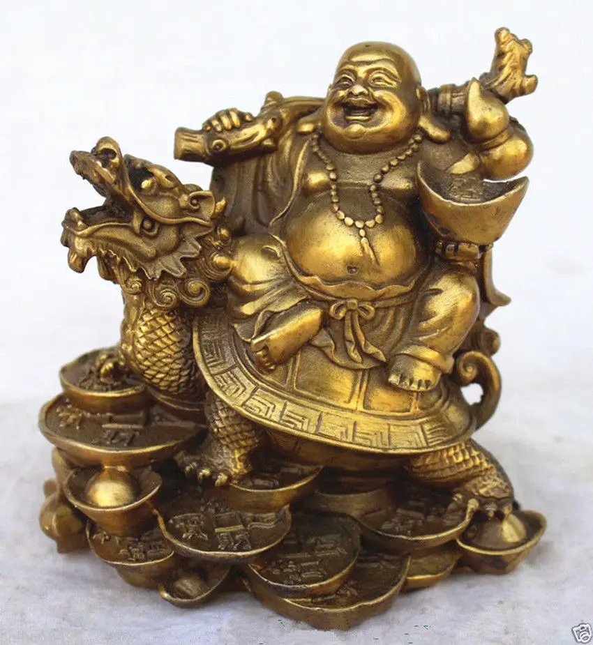 

Chinese Copper Wealth Money Happy Laugh Maitreya Buddha On Dragon Turtle Statue