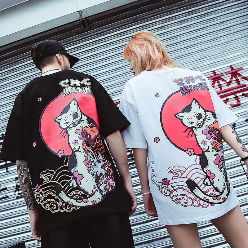 Японский стиль Ukiyo E Cat Футболка Harajuku уличная мужская повседневная Летняя