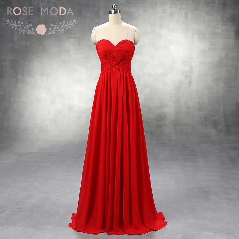 

High Quality Strapless Sweetheart Neck Red Chiffon Empire Bridesmaid Dress Floor Length Formal Dress Custom Made Real Photos