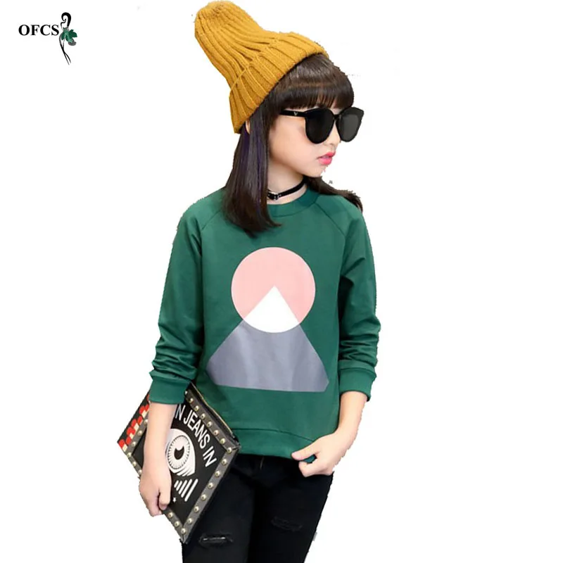 

Kids T-shirts For Children's Girls Long Sleeve Geometric Patterns Tops Shirt Solid Cotton Sweatshirt Teenager Soft Tops Tee 4-16