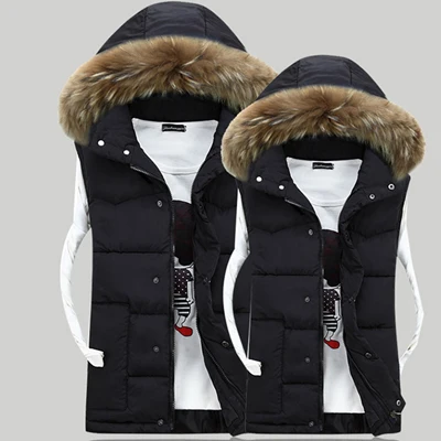 Black UNIVOS KUNI, мужской теплый жилет, chalecos para hombre, зимнее пальто, куртка для пары, унисекс, женский меховой воротник, большой размер 4XL Q6017 - Цвет: Black
