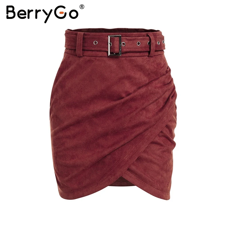BerryGo, замшевая кожаная юбка с высокой талией, Женская осенне-зимняя Асимметричная облегающая мини-юбка, сексуальная уличная Женская юбка - Цвет: Бургундия