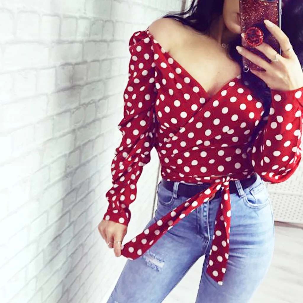 Женские повседневные с принтом в горошек красные открытыми плечами длинным