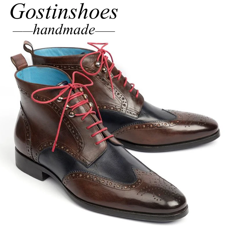 GOSTINSHOES/ботинки с перфорацией типа «броги» ручной работы Goodyear; мужские мотоциклетные ботинки из натуральной кожи; армейские рабочие и защитные ботинки на шнуровке с острым SCT44-47