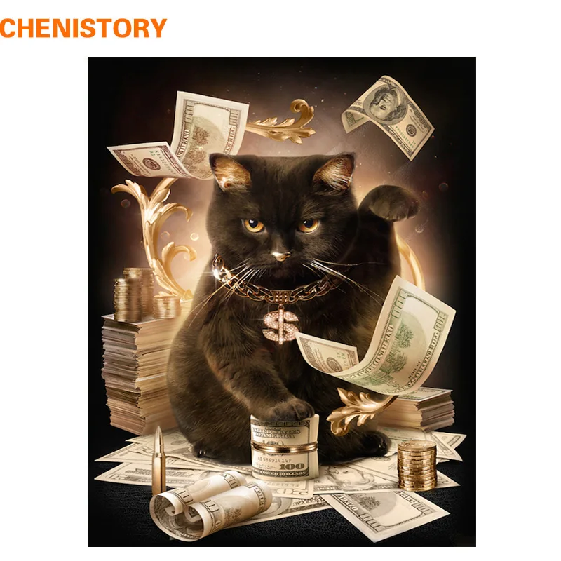 CHENISTORY Безрамная черная кошка DIY живопись по номерам животные каллиграфия ручная