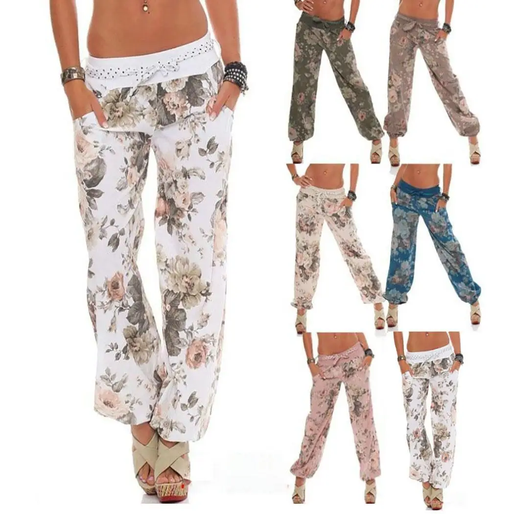 Женские повседневные Длинные свободные брюки с цветочным бантом и карманом