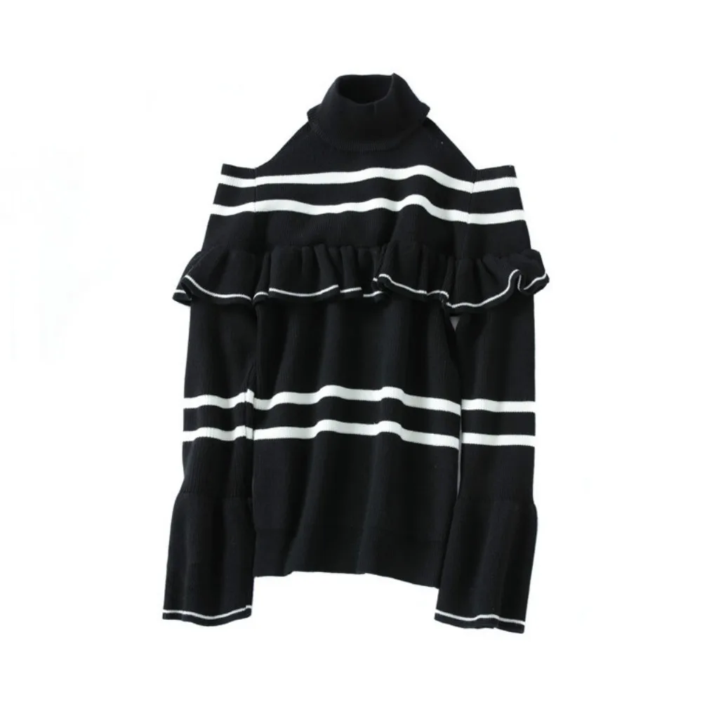 Sexy Off Shoulder Women's Striped Sweaters Ruffle Pullover 2018 Spring Female Personality Tops Flare Sleeve Self Portrait Jumper | Женская