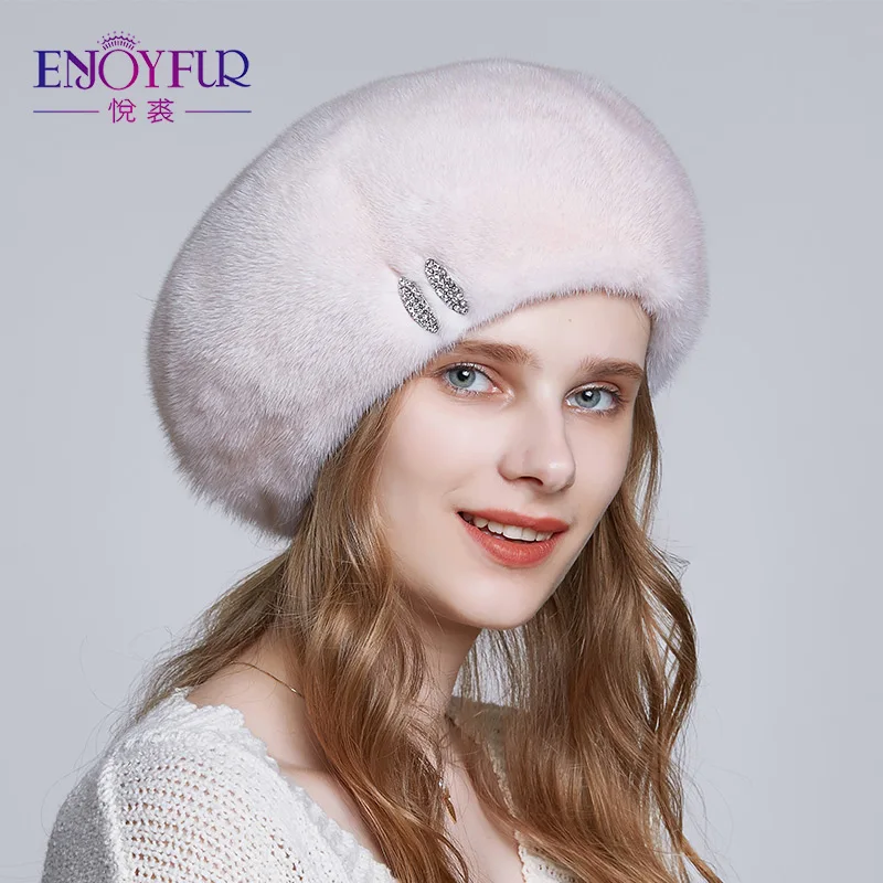 ENJOYFUR настоящие норковые меховые шапки для женщин вязаные На зимнем меху с стразы