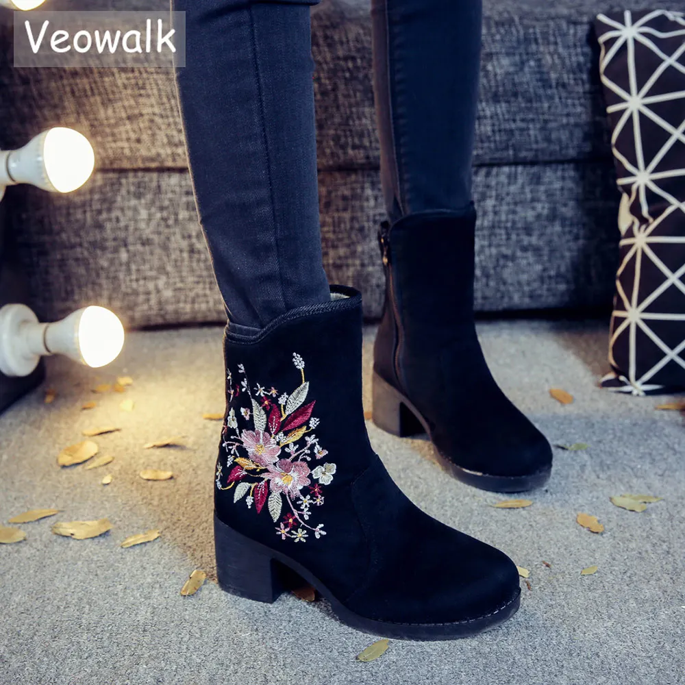 Женские хлопковые ботильоны Veowalk с вышивкой ботинки цветочной в стиле ретро на
