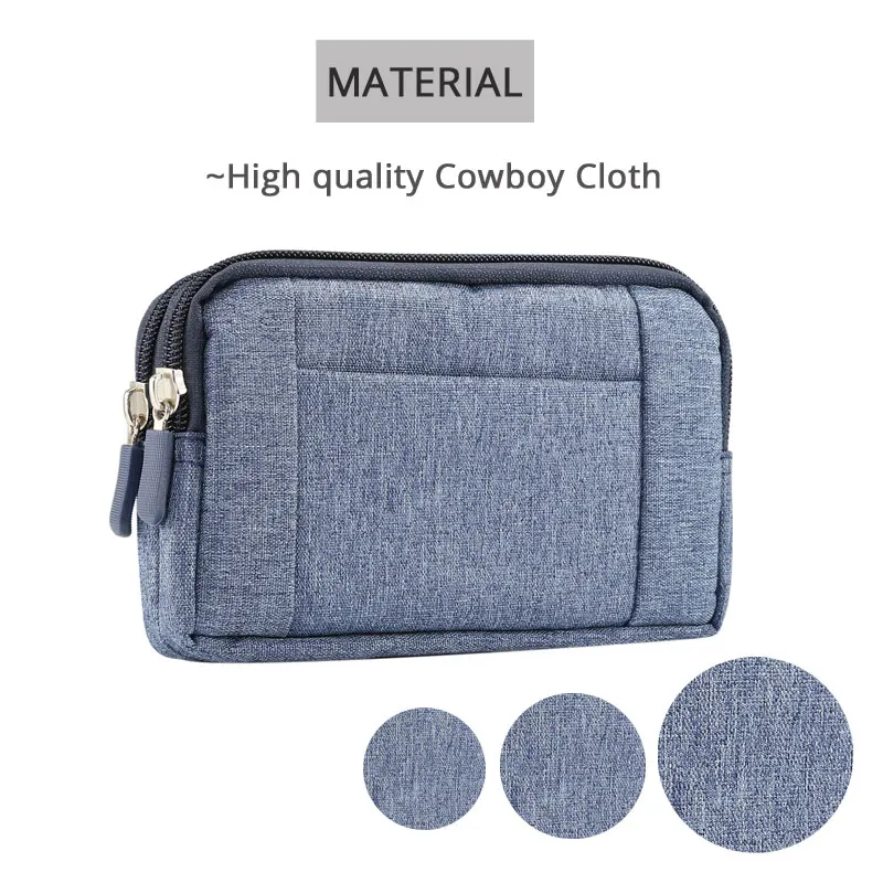 CHEZVOUS Cowboy Cloth Phone Pouch Belt Clip Bag for iPhone Samsung Xiaomi Huawei Case 2 Zippers Card Pocket Waist Bag Universal images - 2