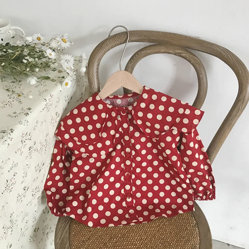 Весенние двухслойные рубашки в горошек с длинными рукавами и большим отложным