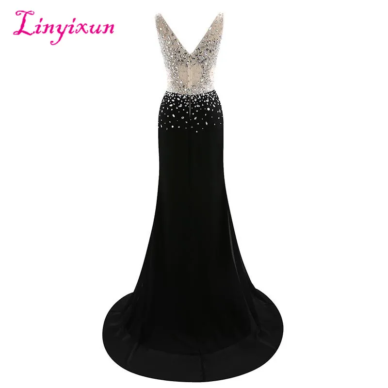 Женское платье Linyixun черное шифоновое вечернее с открытой спинкой длиной до пола