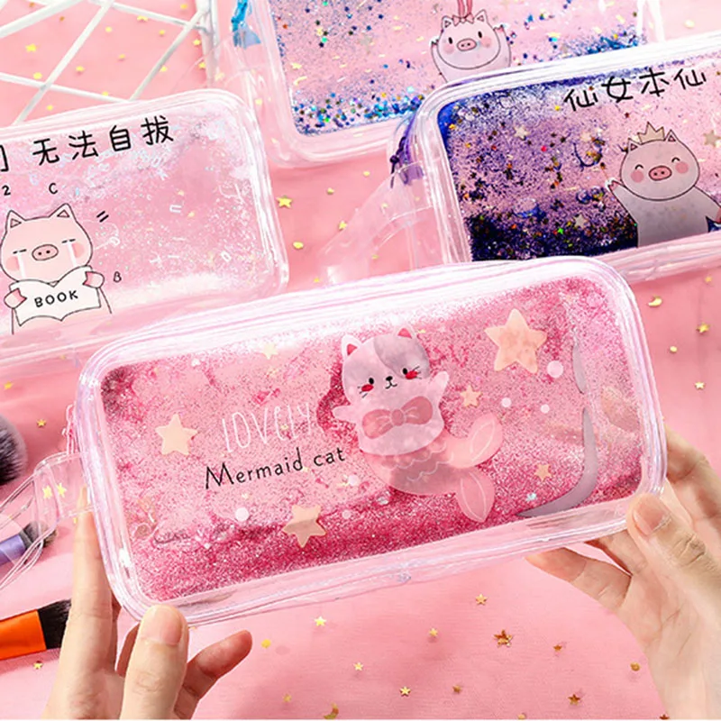 Милый прозрачный чехол карандаш Kawaii блестящий с масляной ручкой вместительная
