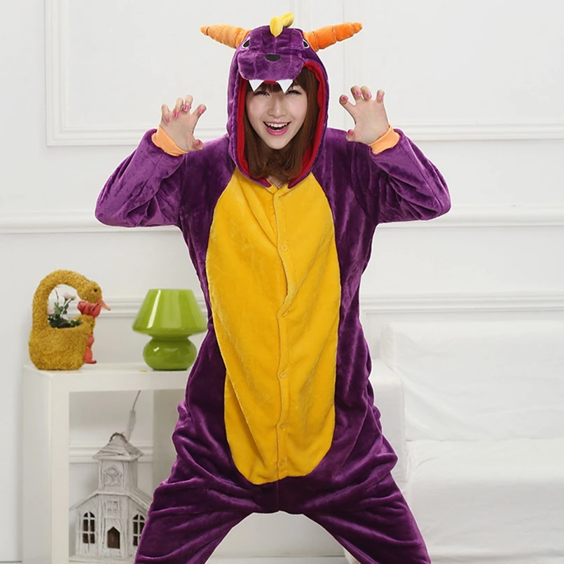 Purple Dragon Animal Cosplay Costume Onesie Hoodie For Adult Women Men Halloween Holiday Party Flannel Full Length | Тематическая