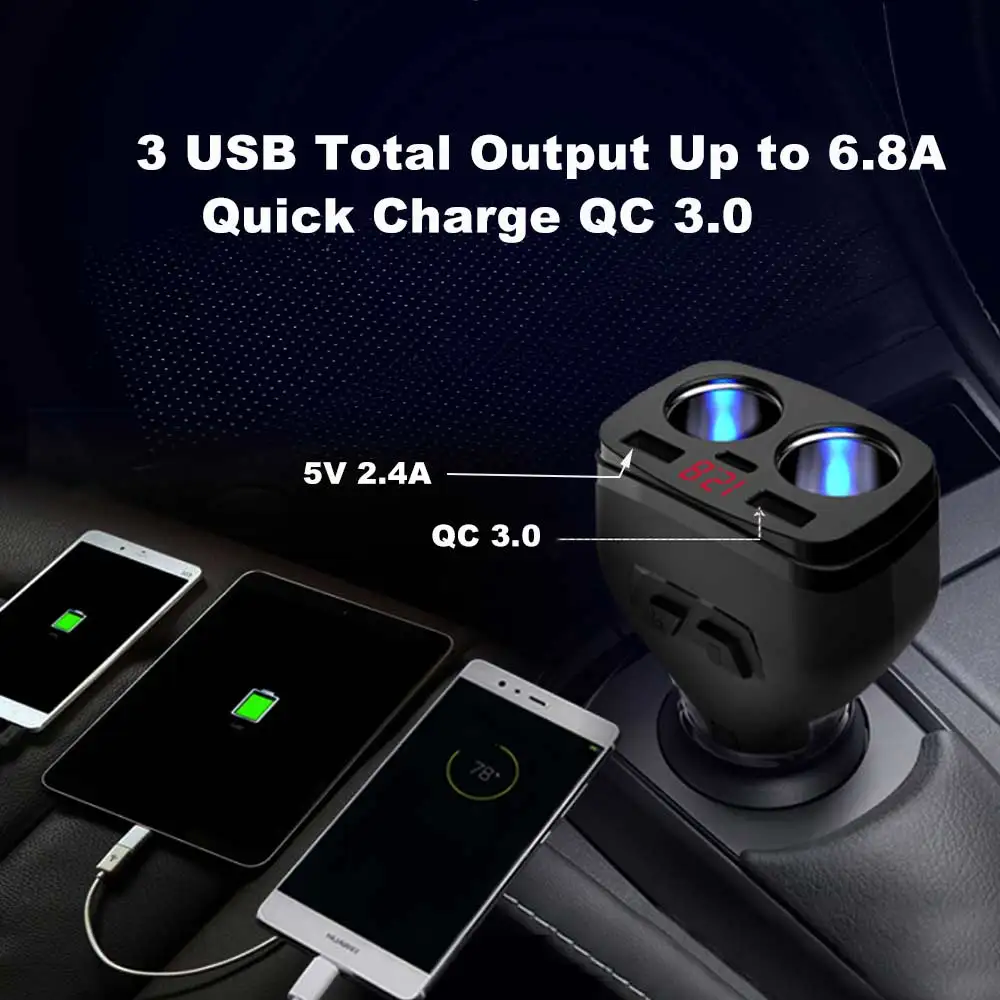Автомобильный прикуриватель ACCNIC с двумя usb-разъемами для зарядки, разветвитель, 3 прикуривателя, СВЕТОДИОДНЫЙ монитор напряжения для мобильного телефона