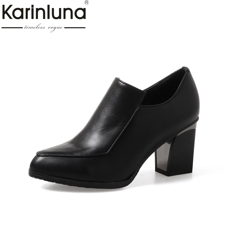 KARINLUNA/ г. Женская обувь с острым носком без застежки размера плюс 33-43 женские модные демисезонные полусапожки на высоком каблуке черного цвета