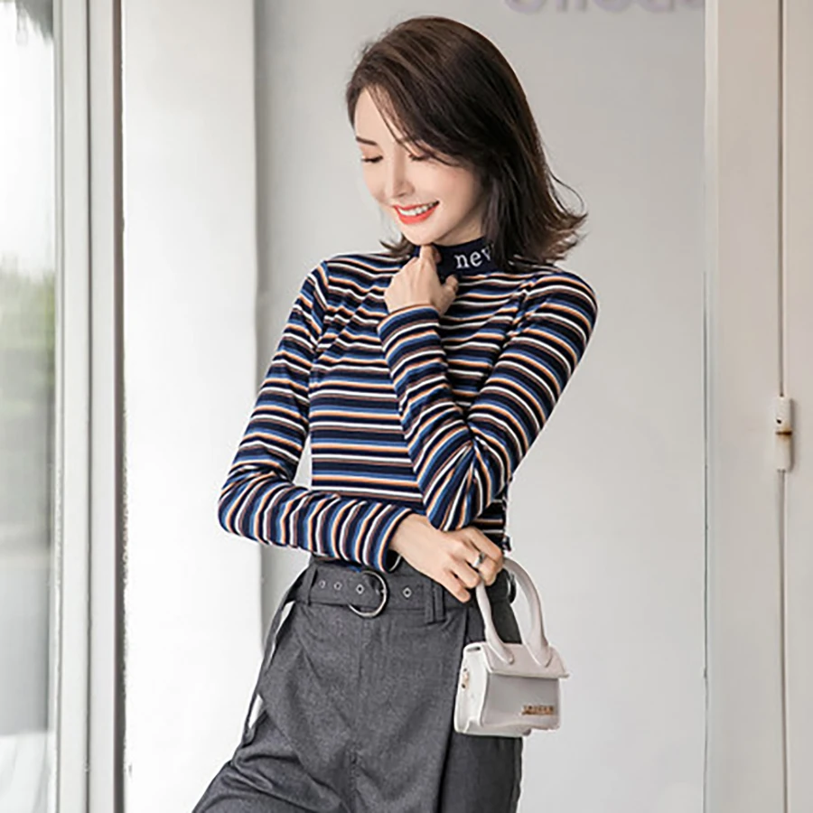 Корейский стиль костюм в полоску Женская рубашка с длинным рукавом плюс размер