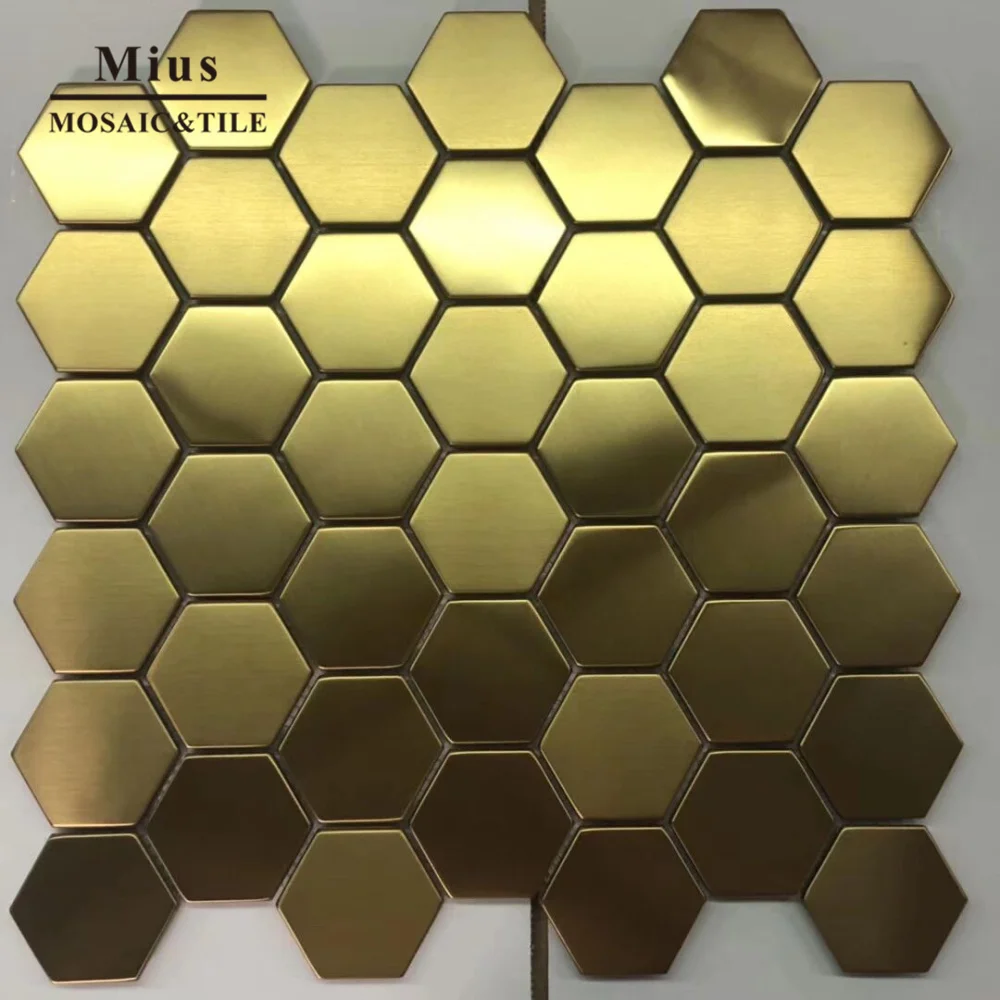 

Golden rushed hexagonal stainless steel mosaic metal kitchen tile