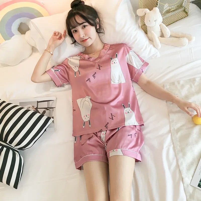 O Pajama girls summer ice silk short sleeves two pieces of suit Korean fresh sweet lovely students thin silk home clothes - Цвет: O