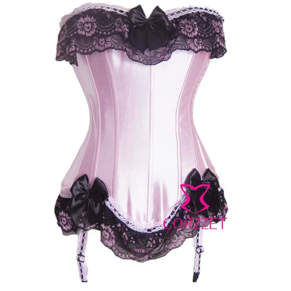 Brand New Body Sculpting Satin Boned Lace up Back Pink Bow Corset Basque Woman Burlesque Corsets And Bustiers With Suspenders | Женская