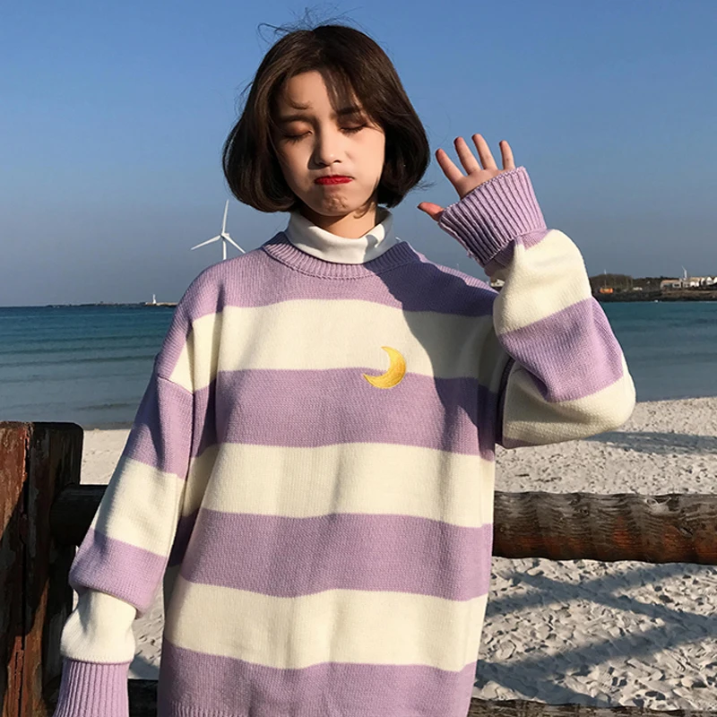 Женские свитера Kawaii Ulzzang, для колледжа, яркие цвета, в полоску, с Луной, наборы, вышивка, свитер для женщин, Harajuku, одежда для женщин
