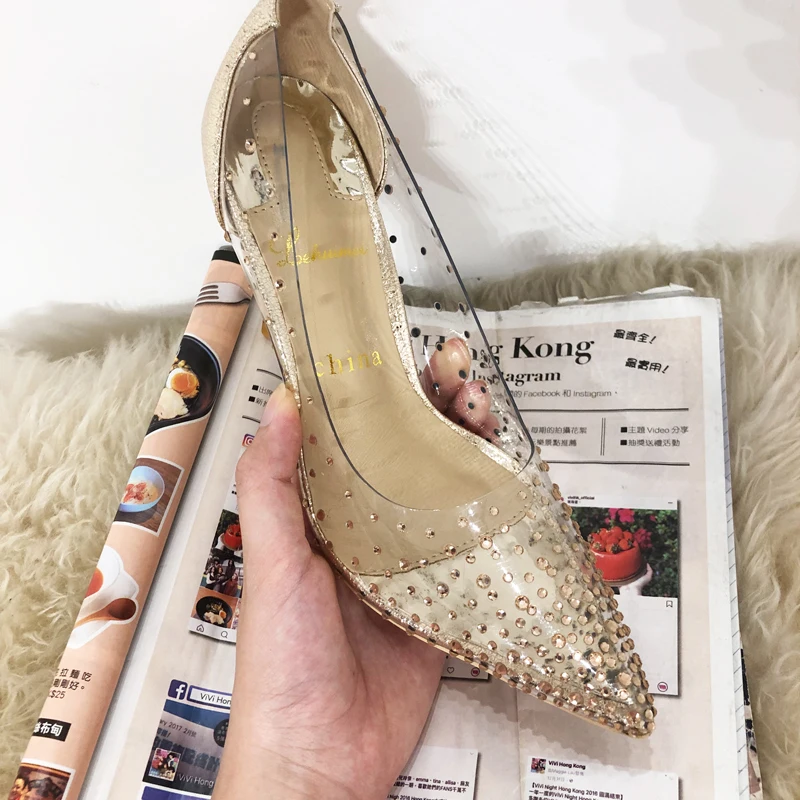 

free shipping sexy lady clear pvc crystal strass point toe high heels pumps bride wedding shoes 10cm