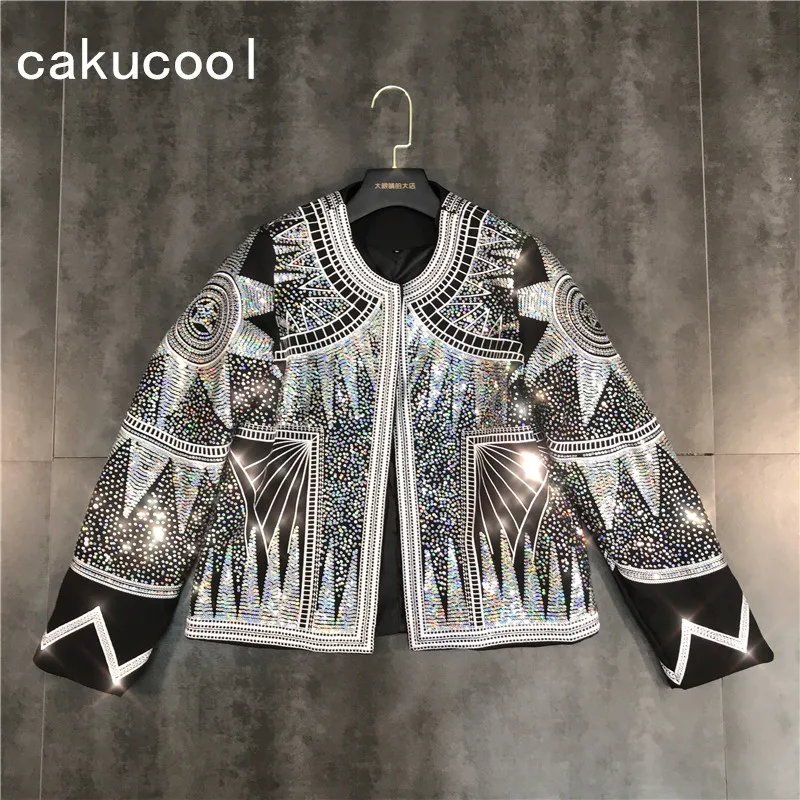 Cakucool Для женщин блестящая куртка серебристыми блестками бомберы с круглым вырезом национальной вышивкой пальто Повседневное, женская верхняя одежда, джинсовая куртка