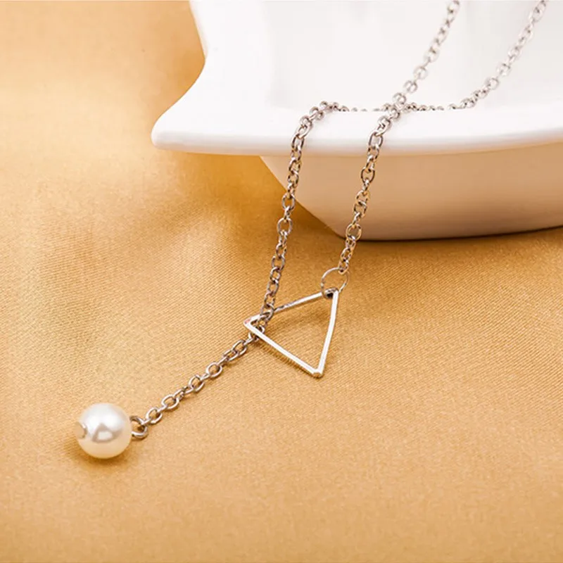Модное женское простое колье с полым треугольником и регулируемым жемчугом